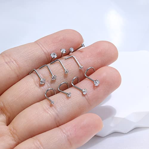 8PCS Titanium Nose Rings Stud, Gold Nose Ring for Women Men Hypoallergenic Nostril Hoops L Shape Nose Studs Corkscrew CZ Nose Piercing Jewelry Silver 18G & 20G Nose Ring Studs 2/2.5/3mm - style: Silver-12-three shape