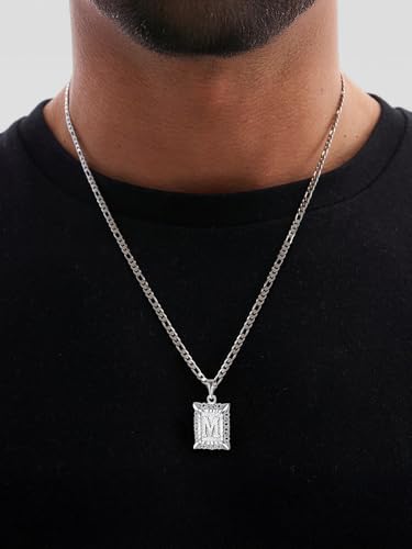 U7 Initial Letter Necklace for Men Women, 14K Gold/Silver Plated Square Capital Monogram Pendant Necklace from A-Z with 22+2 Inch Figaro Chain, Personalized Jewelry for Him - color: Silver, style: M