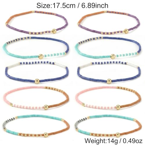 Colorful Stackable Rice Small Mini Seed Beaded Bracelets Set For Women, Handmade Dainty Boho Gold Glass Stretch Accessories Jewelry,Summer Beach Party Daily Friendship Gift - color: 10Pcs Blue Pink Brown