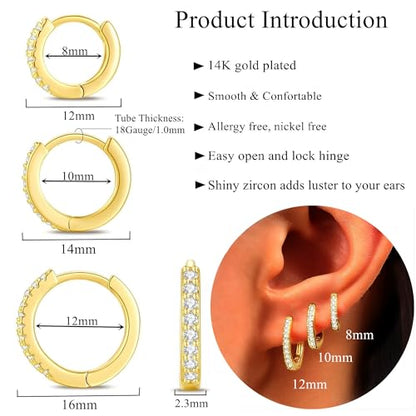 ORANGELOVE 3 Pairs 14K Gold Plated Huggie Hoop Earrings Set for Women or Men Lightweight Hypoallergenic Small Hoop Earring Pack Multiple Piercing Stacks Cartilage Piercing Jewelry - style: Clear CZ-Gold-8/10/12mm