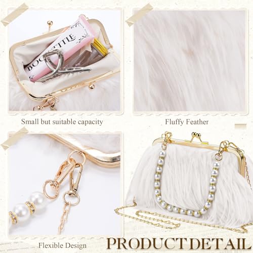 Liliaafar 4 Pcs Evening Clutch Purse with Pearl Jewelry Sets,Clutch Bag Pearl Earrings Necklace Bracelet for Wedding Party - color: White, style: Fluffy Feather