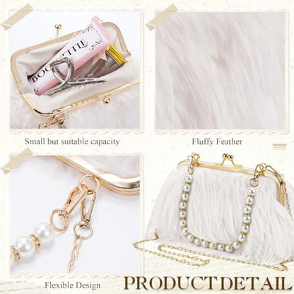 Liliaafar 4 Pcs Evening Clutch Purse with Pearl Jewelry Sets,Clutch Bag Pearl Earrings Necklace Bracelet for Wedding Party - color: White, style: Fluffy Feather