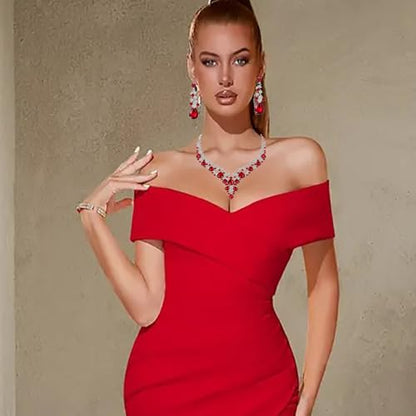 Bridal Bridesmaid Austrian Crystal Jewelry Set, Floarl rhinestone Statement Neckace Teardrop Necklace Drop Dangle Earrings Set - color: Red-Silver Tone