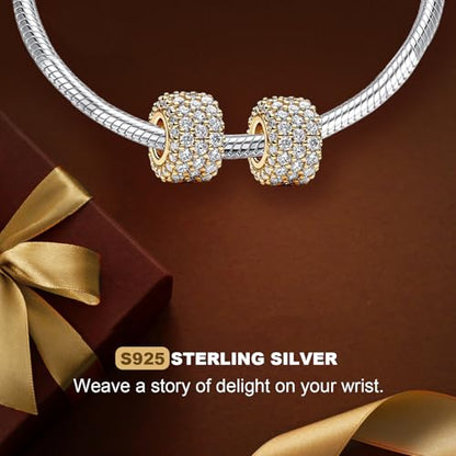 Annmors S925 Clip Spacer Safety Chain Stopper Charms for Pandora, Gift Mom Daughter Friend Sister Wife Grandma Girlfriend Fmaily On Christmas Mothers Valentines Halloween Graduation - color: C01-2pcs Gold Sparkling Pavé Triple-row Spacers