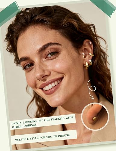 ADRAMATA Hypoallergenic Gold Earrings Stack for Women - 7Pairs Surgical Steel Small Chunky Huggie Hoops & Flat Back Stud Earrings Set Silver Cartilage Jewelry Trendy Christmas Gifts - style: Chunky - Gold