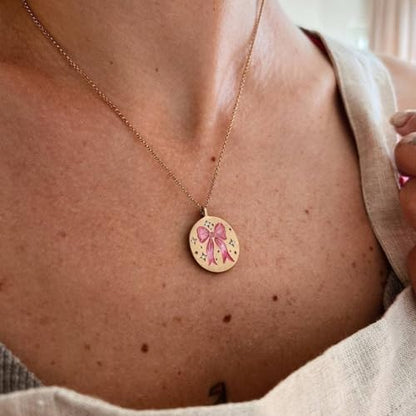 Gold Compass Charm Necklace for Women, Trendy Simple Dainty Inspirational Compass Butterfly Bow Knot Red Christmas Mug Sun Friendship Necklaces Graduation Gifts - style: Oval Pink Bow Knot