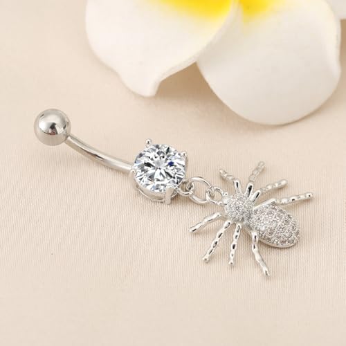 14G Crystal Spider Dangle Belly Button Ring for Women Men Stainless Steel Cubic Zirconia Statement Goth Insect Charm Navel Rings Curved Barbell Simple Sexy Halloween Body Piercing Jewelry - color: Silver