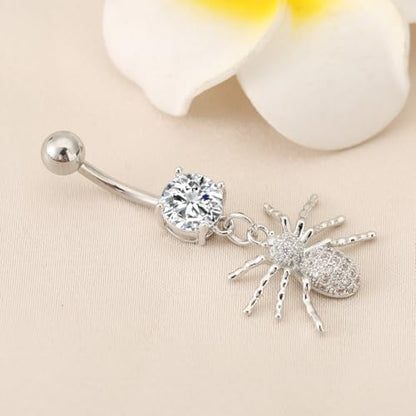 14G Crystal Spider Dangle Belly Button Ring for Women Men Stainless Steel Cubic Zirconia Statement Goth Insect Charm Navel Rings Curved Barbell Simple Sexy Halloween Body Piercing Jewelry - color: Silver