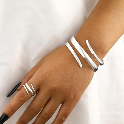 Chunky Gold Bangle Bracelet Ring Set for Women Chunky Wide Cuff Bracelets Trendy Geometric Open Statement Bracelet Ring Set Dainty Minimalist Jewelry - color: Silver