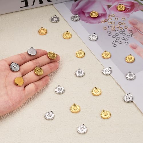 2 Colors Round Stainless Steel Charm for Jewelry Making 20pcs Lucky Clover Charms Bulk with Jump Rings - color: Clover Gold Silver