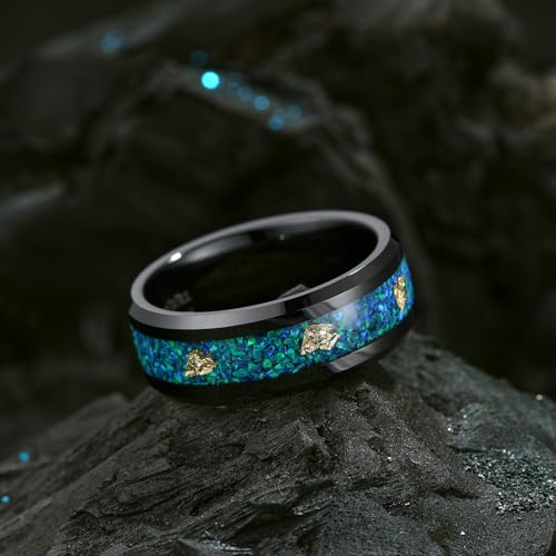 King Will Mens Wedding Band with Foils Inlay, Black/Silver/Gold Beveled Edge Glowstone Ring, 6mm/8mm Tungsten Carbide Rings Comfort Fit - color: Black&Bluegreen Opal+Gold-8mm