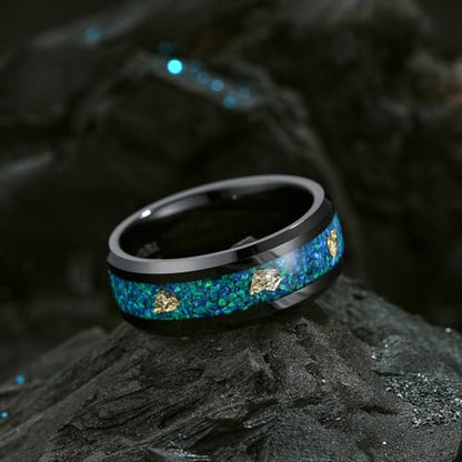 King Will Mens Wedding Band with Foils Inlay, Black/Silver/Gold Beveled Edge Glowstone Ring, 6mm/8mm Tungsten Carbide Rings Comfort Fit - color: Black&Bluegreen Opal+Gold-8mm