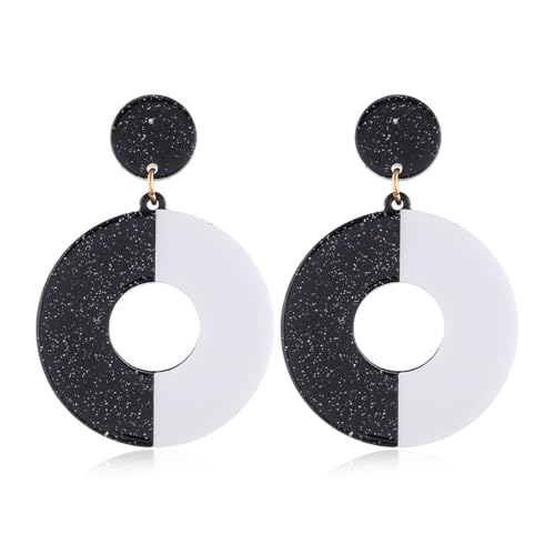Black White Acrylic Earrings for Women Acrylic Triangular Drop Dangle Earrings Trendy Water Drop Two Tone Stud Earrings Geometric Resin Statement Earrings Jewelry - color: Round