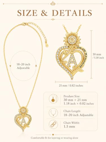 14K Gold Sunflower Initial Necklaces for Women | Heart Letter Pendant You Are My Sunshine Jewelry Gifts - style: A Initial