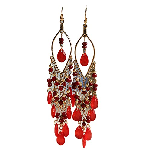 Essencedelight Crystal Beaded Tassel Earring Long Beaded Dangle Earring Fringe Hook Earring for Women Bridal Wedding - color: red
