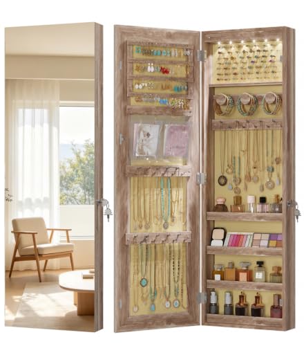 LVSOMT Over The Door Jewelry Organizer, 6 LED Wall Mounted Jewelry Cabinet | Lockable 42.5" Full Length Mirror with Jewelry Storage, Hanging Jewelry Mirror Cabinet, Jewelry Armoire for Women, Wood - color: Wood