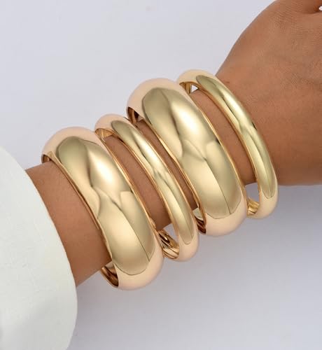 Chunky Gold Bangle Bracelets for Women, Dainty 14k Gold Plated Big Stackable Bangles Set, Trendy Statement Cuff Bracelet Stack Fashion Jewelry Gifts - style: 4 chunky gold bangles