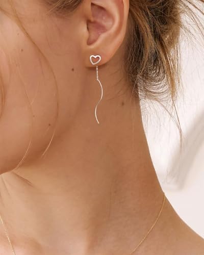 Dangle Earrings for Women - 14K Gold/White Gold/Rose Gold Plated Butterfly Heart Star Hoop Chain Long Tassel Cubic Zirconia CZ Dangle Earrings - color: silver heart