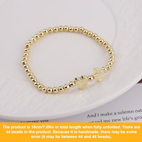 Mikovivi Women's Cross Bracelet with Initial Beads, Elastic Heart Alphabet Charm Stackable Beaded Bracelet Religious Christian Jewelry Gift - style: Letter D