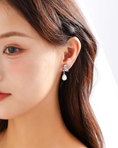 Pearl Earrings for Women, 14k Gold Plated Trendy Diamond Pearl Drop Earrings Bridal Shower Gifts Wedding jewelry for Women - color: Style J Silver
