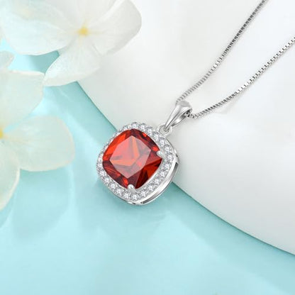 Birthstone Necklace for Women 925 Sterling Silver Princess Cut Halo Necklace Pendant Jewelry for Mom Wife - color: Deep Red
