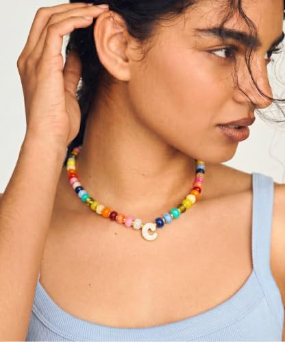 Colorful Beaded Initial Necklace for Women - Colorful Letter A-Z Necklaces, 14K Gold Plated Zirconia Bubble Letter Charm, Women Gold Jewelry Personalized Birthday Gifts - color: C