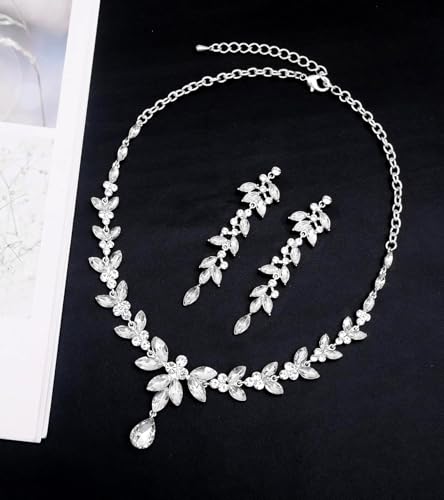 CSY Elegant Bridal Jewelry Sets Wedding Prom Homecoming Gown Accessories | Austrian Marquise Crystal Wedding Necklace Dangle Earrings Tennis Bracelet Ring Set for Bride Women Costume Accessories - color: white crystal-silver tone