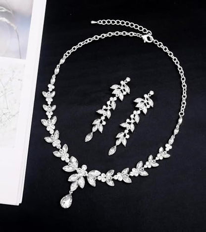 CSY Elegant Bridal Jewelry Sets Wedding Prom Homecoming Gown Accessories | Austrian Marquise Crystal Wedding Necklace Dangle Earrings Tennis Bracelet Ring Set for Bride Women Costume Accessories - color: white crystal-silver tone