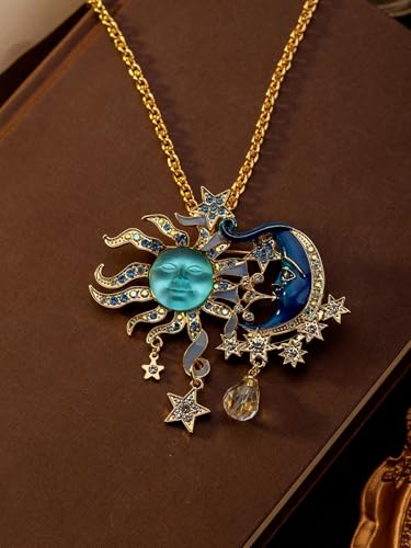 Vintage Exaggerated Sun God Face Pendant Necklace Lake Blue Crystal with Moon Star Details, Retro Metal Craft Jewelry for Women, Elegant for Daily Wear Special Occasions