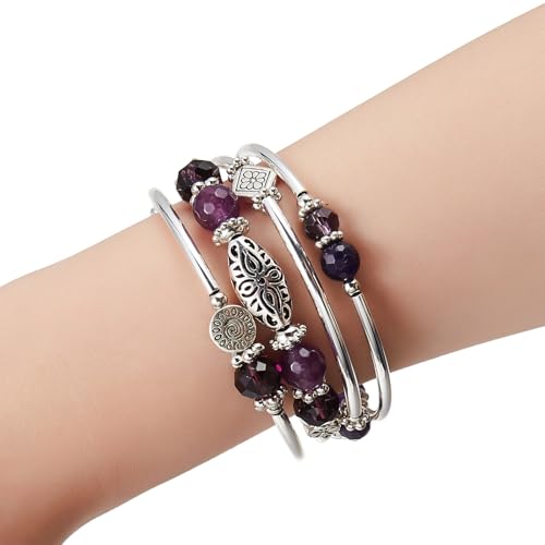 FULU AUTUMN Stackable Beaded Bracelets for Women Boho Wrap Silver Bracelet Layered Fashion Jewelry Gifts for Her - color: Purple