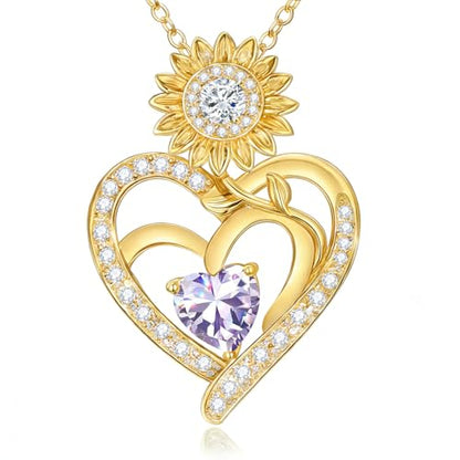 Midari Sunflower Necklace 18k Gold Plated Heart with Brithstone You Are My Sunshine Necklace Anniversary Birthday Sunflower Jewelry Gift for Women Wife Mom - color: 06-June
