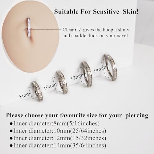 ORANGELOVE G23 Titanium 14G Belly Button Rings for Women Hinged Hoop Clicker Belly Ring Reverse Curved Navel Ring Floating Navel Barbell Piercing Jewelry 14 Gauge 8mm 10mm 12mm 14mm - color: CZ Silver