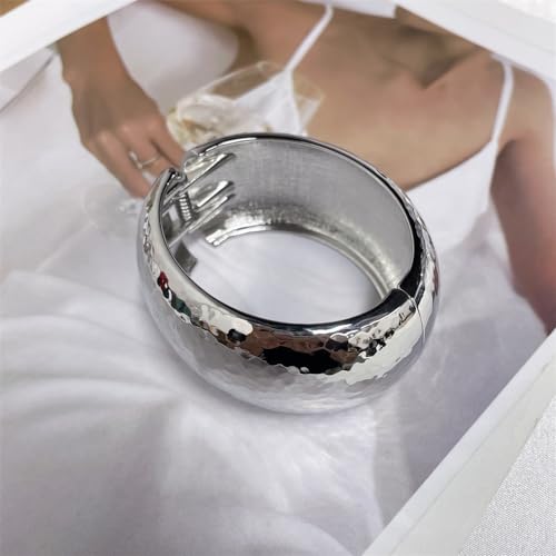 Hammered Wide Chunky Bangle Bracelets for Women Dainty Minimalist Cuff Wrist Open Bangles Statement Unique Exaggerate Trendy Jewelry Gift - color: Silvery