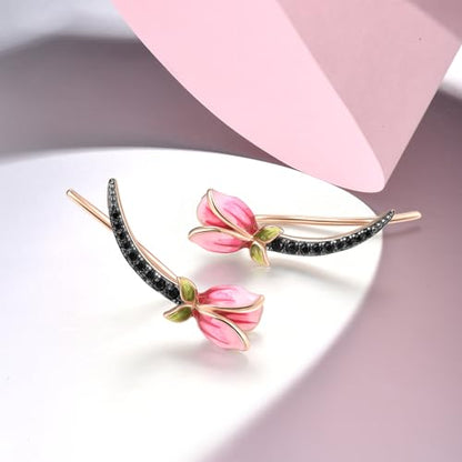Santuzza 925 Sterling Silver Pink Tulip Cuff Pierce Earrings for Women - color: Enamel Tulip-Pink