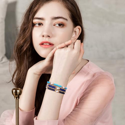 GOOJIDS Surfer Heishi Clay Bead Bracelets for Women Bohemian Stackable Gold Plated Beaded Stretch Bracelets Elastic Layering Friendship Bracelets Set Boho Jewelry - color: B-Blue Surfer Color & Gold Bead