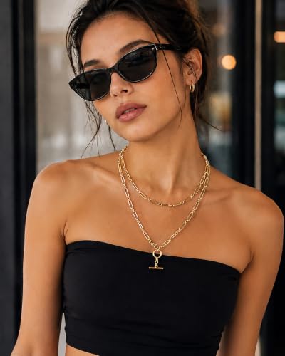 Lariat Necklace for Women Layered Paperclip Long Y Link Chains T Bar Pendant Chunky Statement Necklace 14K Gold Plated Adjustable Minimalist Trendy Gold Jewelry Gift