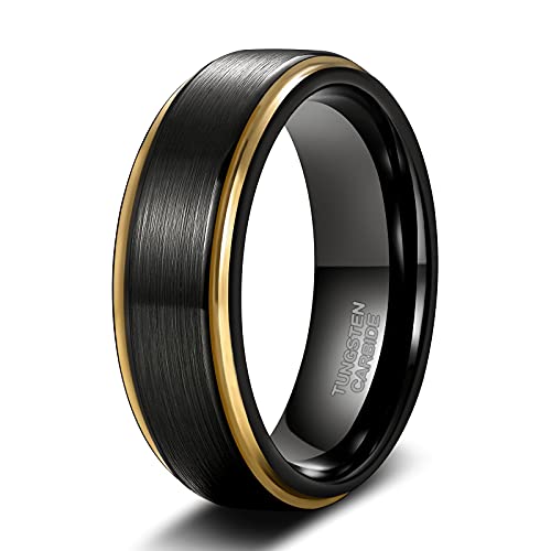 TRUMIUM 6mm 8mm Tungsten Rings for Men Women Black Wedding Band 24K Gold Plated/Rose Gold Plated Step Edges Comfort Fit Size 6-13 - color: 8mm 24k gold plated