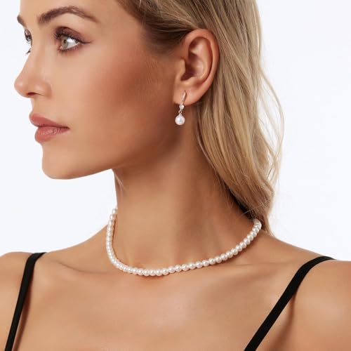 HERIER Gold Jewelry Set for Women - Dainty 14K Gold/Silver Plated Pearl Choker Necklace, Drop Earrings & Bracelets - Wedding Trendy Pearl Jewelry Gift - color: Pearl Necklace+Bracelet+Earrings-Silver