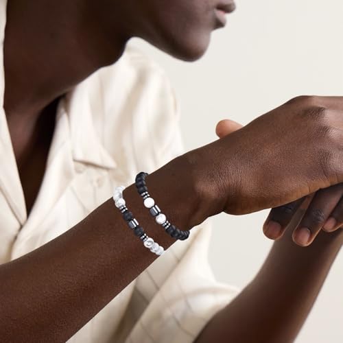 Mens Beaded Bracelets Set 8MM Tiger Eye Lava Stone Stretch Natural Stone Men's Bead Bracelet Mens Bracelet - color: 2, Black, White Bracelet