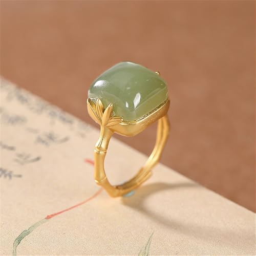 Vintage Green Bamboo Hetian Jade Statement Ring for Women Delicate Chinese Style Handmade Gemstone Adjustable Open Wrap Finger Band Fashion Cocktail Party Stacking Rings Elegant Wedding Jewelry