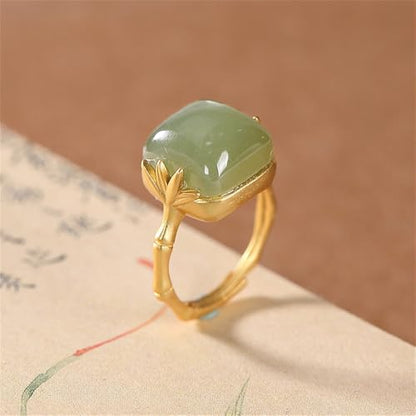 Vintage Green Bamboo Hetian Jade Statement Ring for Women Delicate Chinese Style Handmade Gemstone Adjustable Open Wrap Finger Band Fashion Cocktail Party Stacking Rings Elegant Wedding Jewelry
