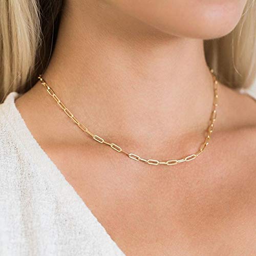 14K Gold Plated Dainty Paperclip Link Chain Necklace Bracelet Set for Women