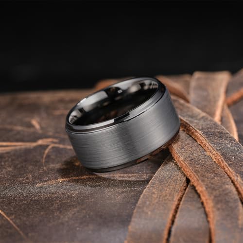 King Will Classic Tungsten Wedding Band for Men, 6/7/8/9/10mm Widths, Polished Finish Step Edge Matte Rings Comfort Fit - color: D-gunmetal 12mm