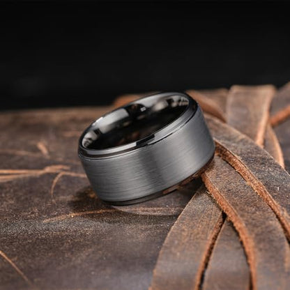 King Will Classic Tungsten Wedding Band for Men, 6/7/8/9/10mm Widths, Polished Finish Step Edge Matte Rings Comfort Fit - color: D-gunmetal 12mm