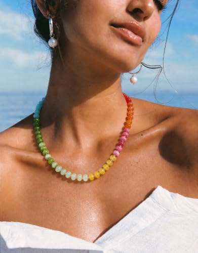 Beaded Necklaces for Women, Boho Colorful Bead Choker Necklace | Natural Gemstones, Summer Beach Jewelry, 18K Gold Plated, Handmade, Gift for Her,Charm Necklace - color: Rainbow-U-Shaped Clasp