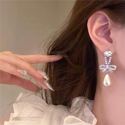 Pearl Bow Earrings for Women Coquette Aesthetic Jewelry Rhinestone Bow Earrings for Bridesmaids Wedding Party Accessories Bridal Costume Accents Bowknot Themed Gifts - color: T: Rhinestone Bow Pearl Earrings