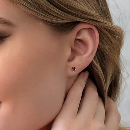 Gem Stone King 14K Gold Gemstone Birthstone Stud Earrings For Women Men | 4MM Round Cut | Solitaire Gold Studs with Secure Backs | Fine Jewelry for Her Him Mom Dad Wife - color: Rhodolite Garnet