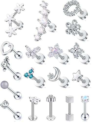 Tornito 9-30Pcs Cartilage CZ Stud Earrings Conch Forward Helix Tragus Daith Piercing Lip Rings Snake Heart Butterfly Jewelry for Women Men 16G Silver Gold Tone - color: D:Silver Tone(Butterfly)