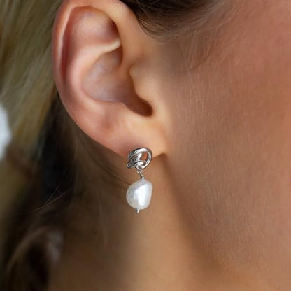 Pearl Earrings for Women 14K Gold Freshwater Pearl Hoop Earring Dangle Drop Wedding Earrings Bridal Bridesmaid Jewelry Gifts for Women - color: Silver Knot Pearl Drop Earrings