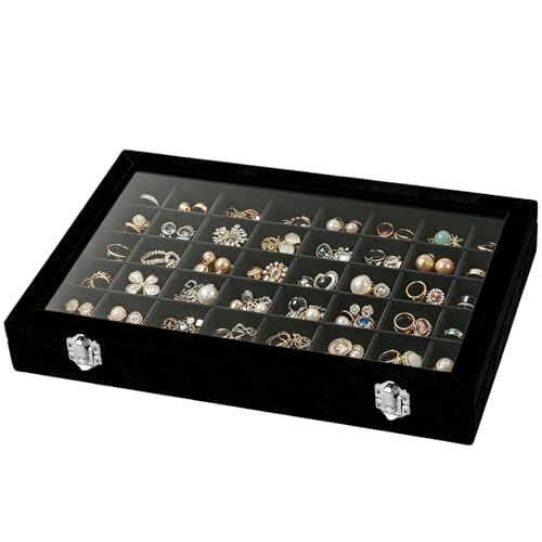 Velvet Jewelry Tray 48 Compartments Jewelry Box Display Organizer with Transparent Cover Earrings, Rings,Necklaces, Pendants Storage Box for Girls, Women,Wife, Mother (48Grid-Black) - color: 48Grid-Black